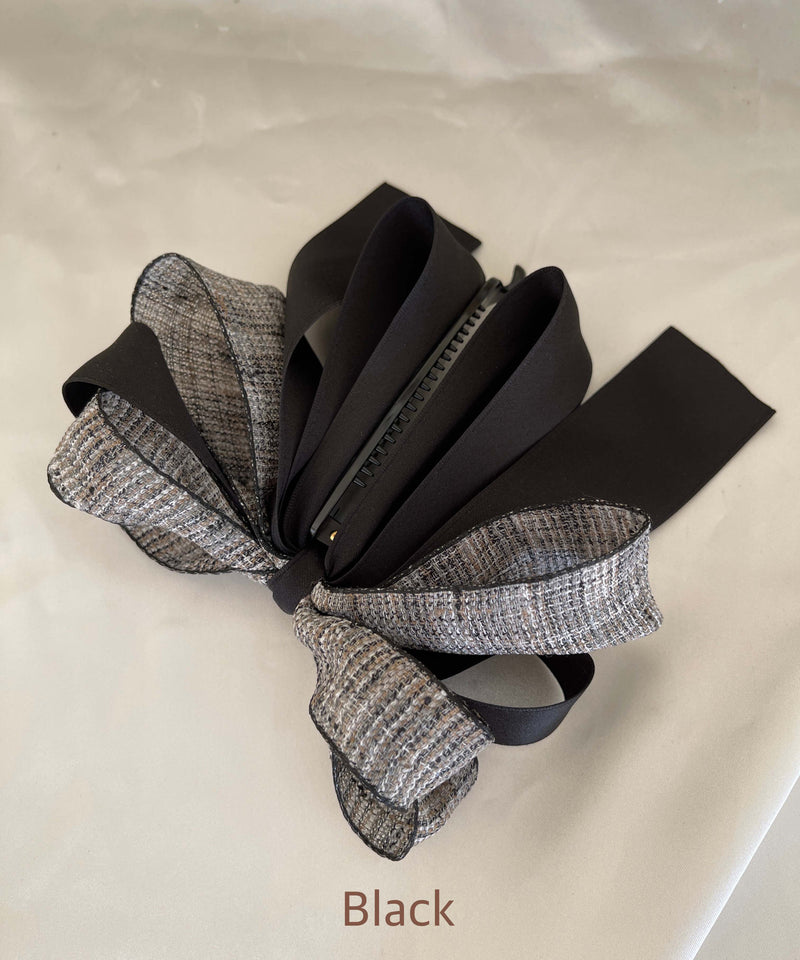 arnew Hair Accessories Black Tweed 3-Tier Ribbon Banana Pin