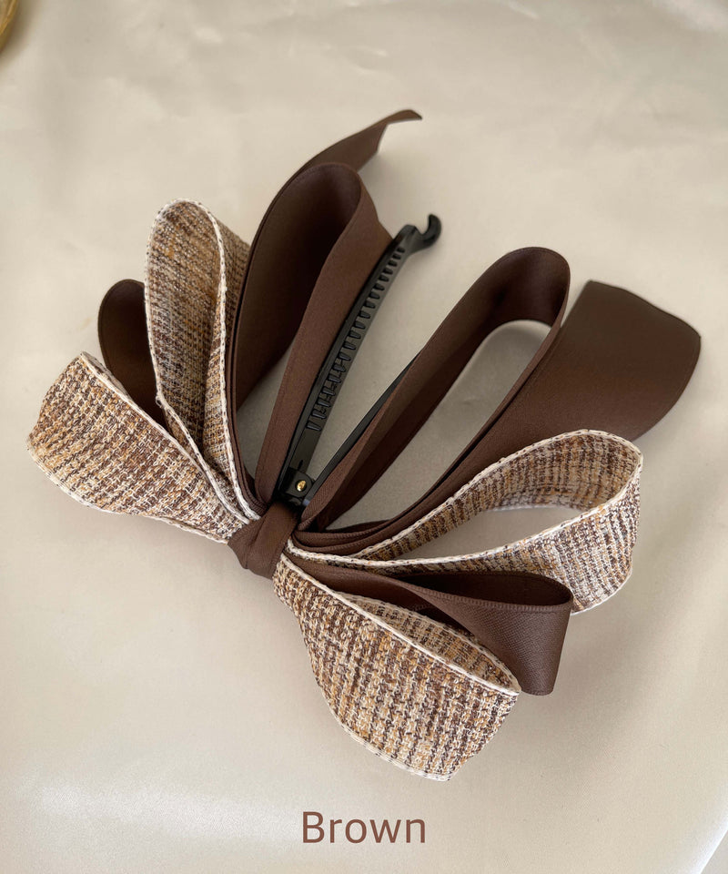 arnew Hair Accessories Brown Tweed 3-Tier Ribbon Banana Pin