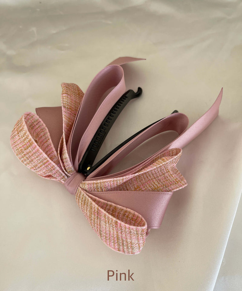 arnew Hair Accessories Pink Tweed 3-Tier Ribbon Banana Pin